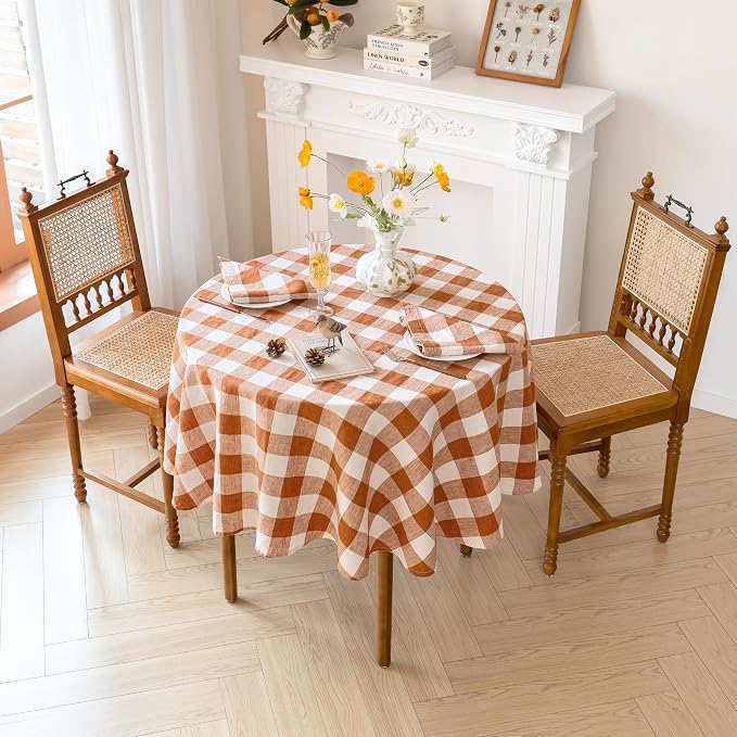 Linen World Gingham Tablecloth, Round, 90", Rust Checkered | Buffalo Plaid, 100% French Flax, For Dining Table, Weddings, Thanksgiving & Christmas