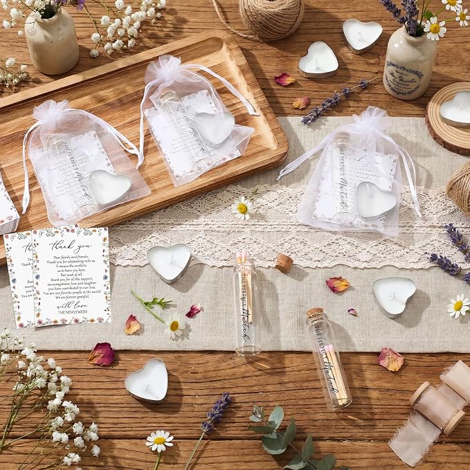 100 Sets Wedding Party Favors for Guests Bulk Including Heart Shaped Candles and Empty Matches Jars with Cork Top Thank You Cards and Organza Bags for Wedding Bridal Shower Party (Wildflower)