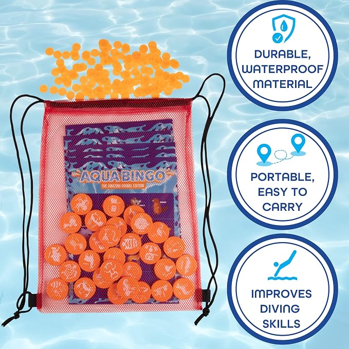 Pool Bingo Diving Game for Kids- Summer Party Fun Edition Toy- Dive & Call 30 Sinking Animal Themed "Numbers", Fill Your Card- 150 Marker Chips & 16 Double Sided Waterproof Play Cards & Carrying Bag