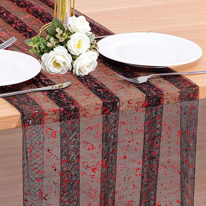 BINBE 6PCS Table Runner 10Ft Sheer Chiffon Fabric Cheesecloth Sequin Glitter Table Runner for Wedding Birthday Party Decor Black Red