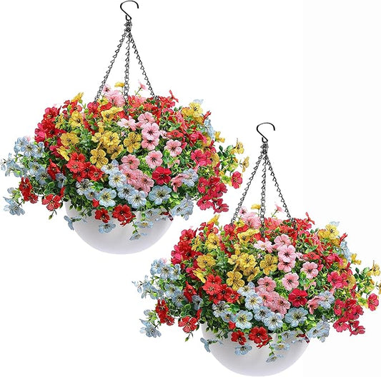 Artificial Hanging Flowers Basket for Outdoors, 30 Pack UV-Resistant Fake Colorful Silk Daisy Flowers (2 White Planters+30 Flowers(Pink,Rose,Red,Yellow,Blue))