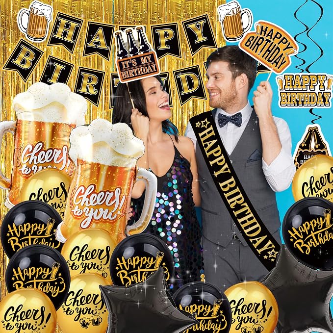 Black and Gold Party Decorations for Men and Women: Happy Birthday Banner, Fringe Curtains, "Cheers to You" Foil Balloons, Hanging Swirls, Photo Props, Birthday Sash