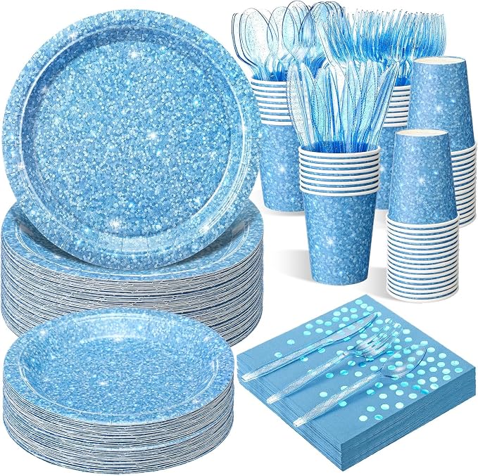 Hushee 350 Pcs 50 Guests Light Blue Paper Party Plates and Cups Napkins Sets Holographic Glitter Disposable Dinnerware Plastic Forks Knives Spoons Birthday Bachelorette Wedding Party Supplies