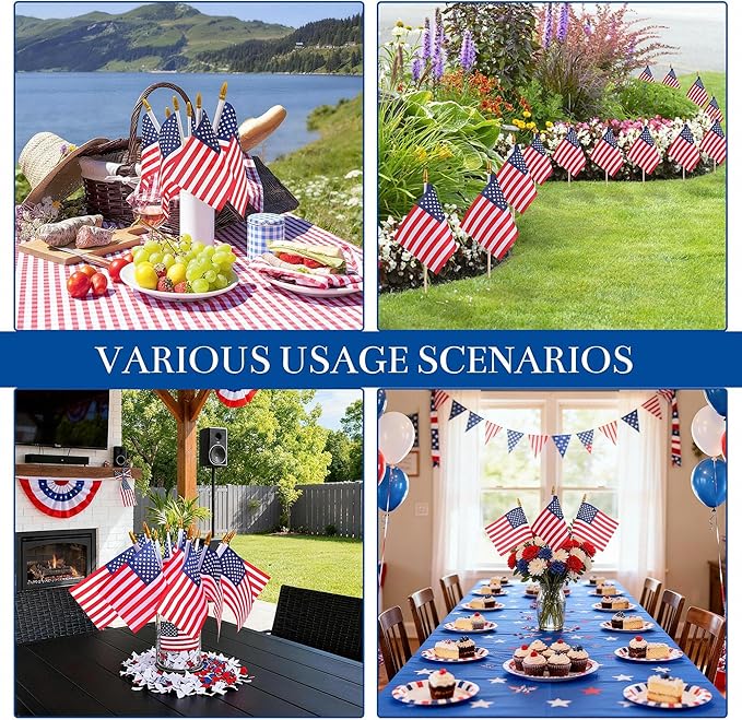 HOOSUN 12 Pcs Small American Flags On Stick,4th of July Decorations Small USA Flag On Stick,Mini 4''x6'' American Flags for Outside,Fourth of July Flag for Yard Lawn,Patriotic Memorial Day Decorations
