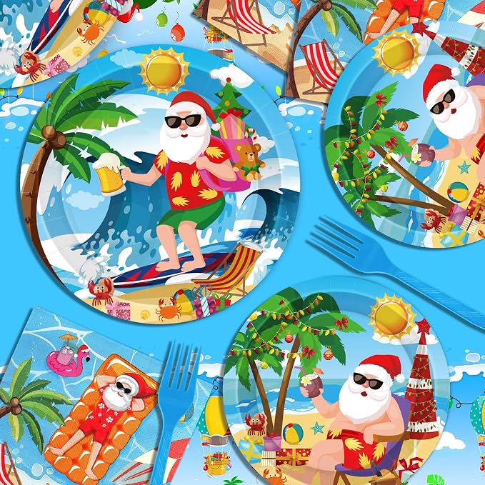 QZYL 122Pcs Summer Christmas Decorations, Tropical Beach Plates Party Supplies, Disposable Xmas in July Plates, Napkins, Cups, Forks and Tablecloth for Beach Pool Party, Serves 30 Guests
