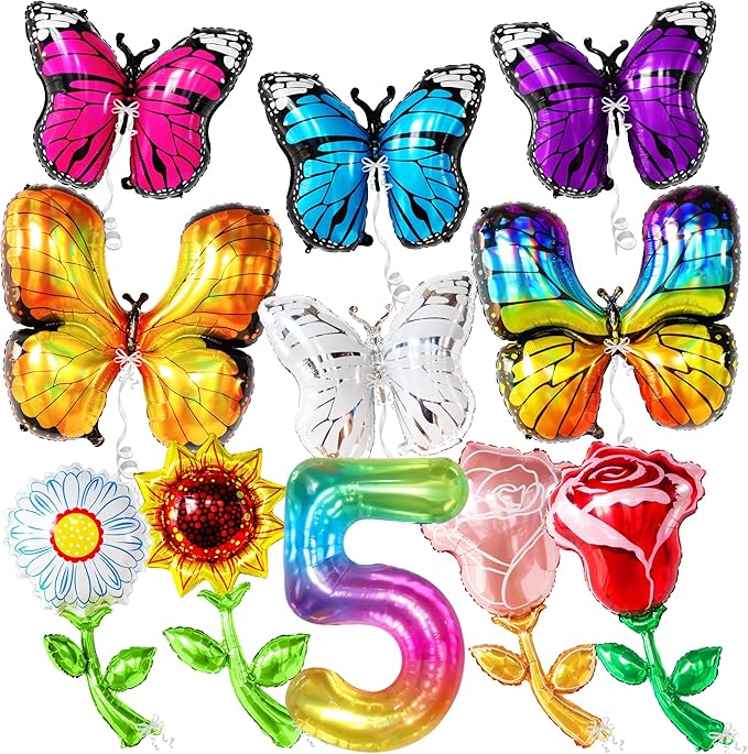 Giant, Rainbow Number 5 Balloon - 40 Inch | Big, Butterfly Balloon and Flower Balloon - Pack of 10 | Rainbow 5 Balloon Number for 5th Birthday Decorations Girl | Number 5 Balloons for Birthdays