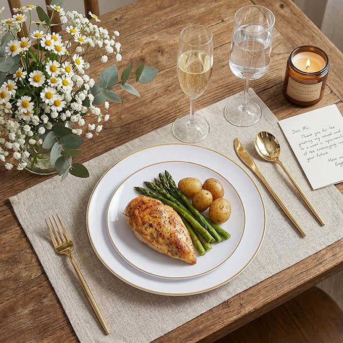 I00000 150PCS White and Gold Plastic Plates with Disposable Silverware for 30 Guests,Nice Disposable Plates,White Plastic Plates Set Include 30 Dinner Plate,30 Dessert Plate,90 Gold Cutlery for Party