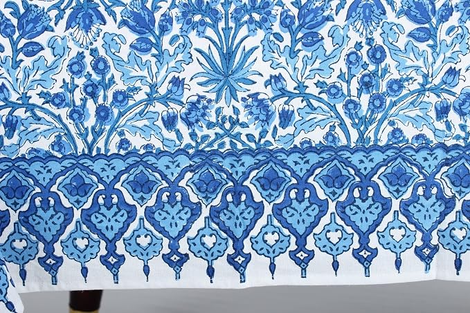 Ridhi Dark Royal Blue Hand Block Print Cotton Rectangle Tablecloth 190" x 72" inches Reusable Table Cover Decorative Everyday Use for Dining Room, Farmhouse, Home Gift for Spring, Mother's Day