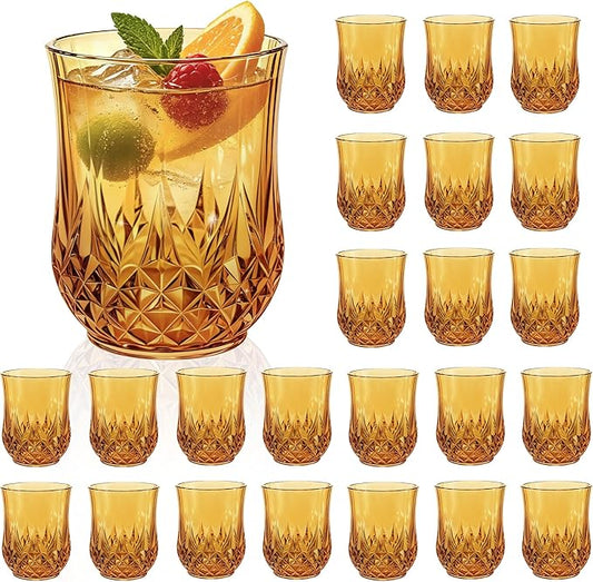 24 Pack Plastic Stemless Wine Glasses,12oz Unbreakable Vintage Elegant Drinking Glass Set,Reusable Fancy Cocktail Cups for Party, Wedding, and Bulk Events (24, 12oz-Amber)