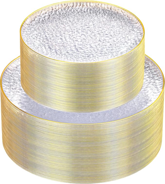 Hioasis 60pcs Clear Plastic Plates - Gold Rimmed Disposable, Hammered, Heavy-duty Dinnerware Set Suitable for 30 Guests, 10.25" Dinner & 7.5" Dessert Plates for Party & Wedding & Party