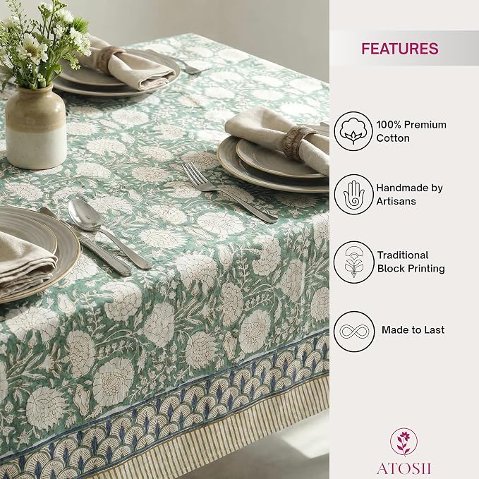 ATOSII Jade 100% Cotton Rectangle Summer Tablecloth, Block Print Floral Table Cloth Linen for Dining, Parties, Weddings, Outdoors I Grand Millennial Decor 60 X 108 Inches I 8 Seater I Memorial Day