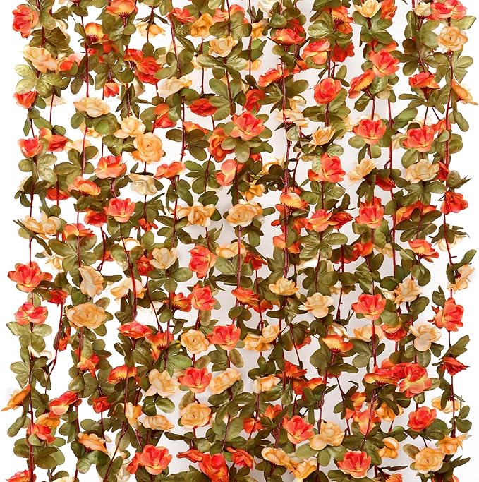 KHOYIME 9 Pack 72 FT Artificial Flower Garland, Fake Orange Roses Vines Silk Flowers Faux Plastic Outdoor Hanging Floral Garland Fall Autumn Decoration for Indoor Table Home Wall Backdrop Room Decor
