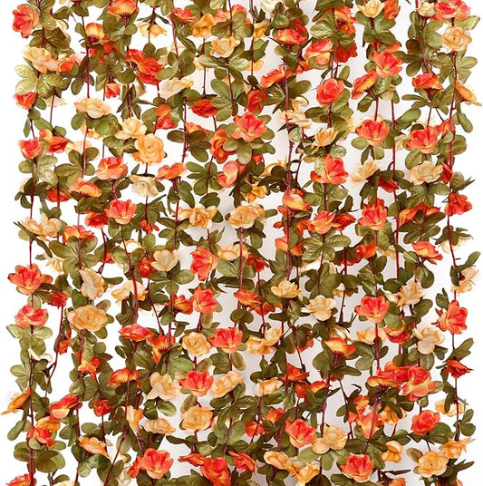 KHOYIME 9 Pack 72 FT Artificial Flower Garland, Fake Orange Roses Vines Silk Flowers Faux Plastic Outdoor Hanging Floral Garland Fall Autumn Decoration for Indoor Table Home Wall Backdrop Room Decor