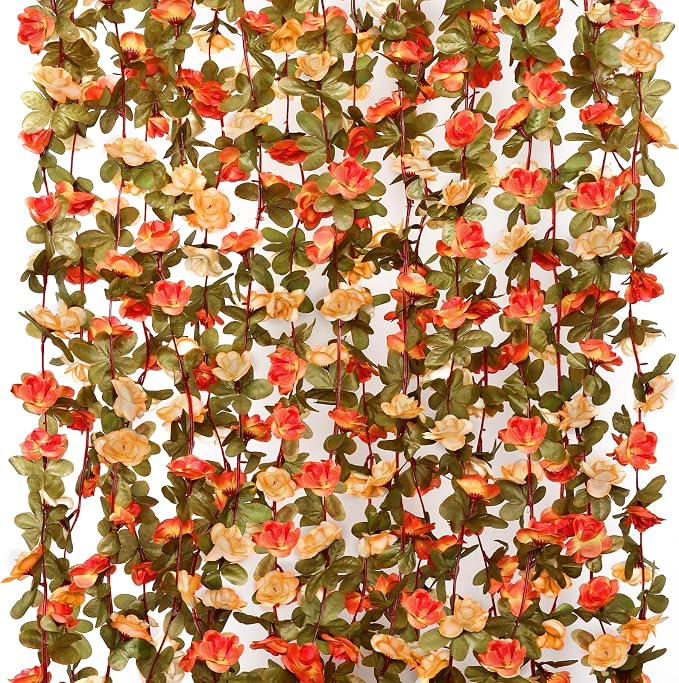 KHOYIME 5 Pack 40 FT Artificial Flower Garland, Fake Orange Roses Vines Silk Flowers Faux Plastic Outdoor Hanging Floral Garland Fall Autumn Decoration for Indoor Table Home Wall Backdrop Room Decor