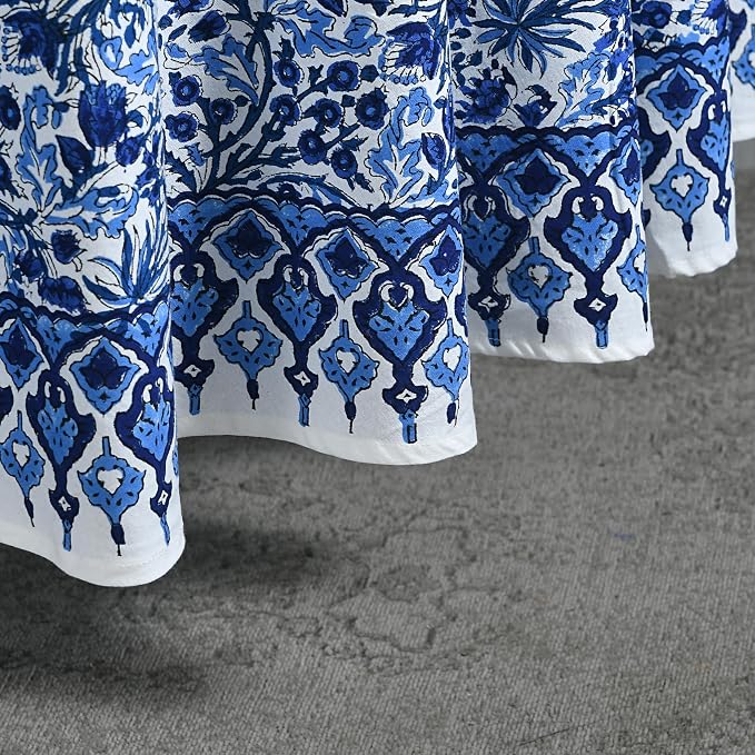 Ridhi Round Tablecloth Hand Block Print 100% Cotton Reusable Dark Royal Blue 132 Inch Table Cover Decorative Everyday Use for Dining, Home, Party, Wedding, Farmhouse Gift for Spring, Mother's Day