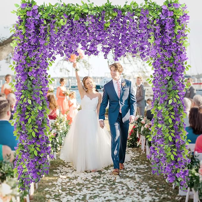 Findosom Wisteria Artificial Flowers Garland, 10Pcs Total 72FT Purple Wisteria Hanging Flowers, Flower Garland Decorations for Home Garden Outdoor Ceremony Wedding Arch Decoration