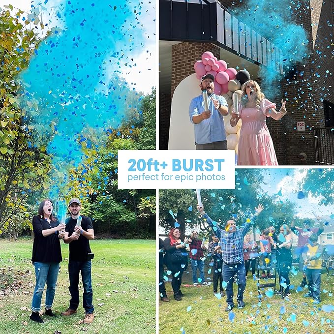 PrimePure Gender Reveal Confetti Cannon - Biodegradable Powder & Heart Shaped Confetti Poppers - Blue, 4 Pack - Baby Boy Gender Reveal Smoke Bombs - Powder Cannon Party Poppers Blue Party Supplies