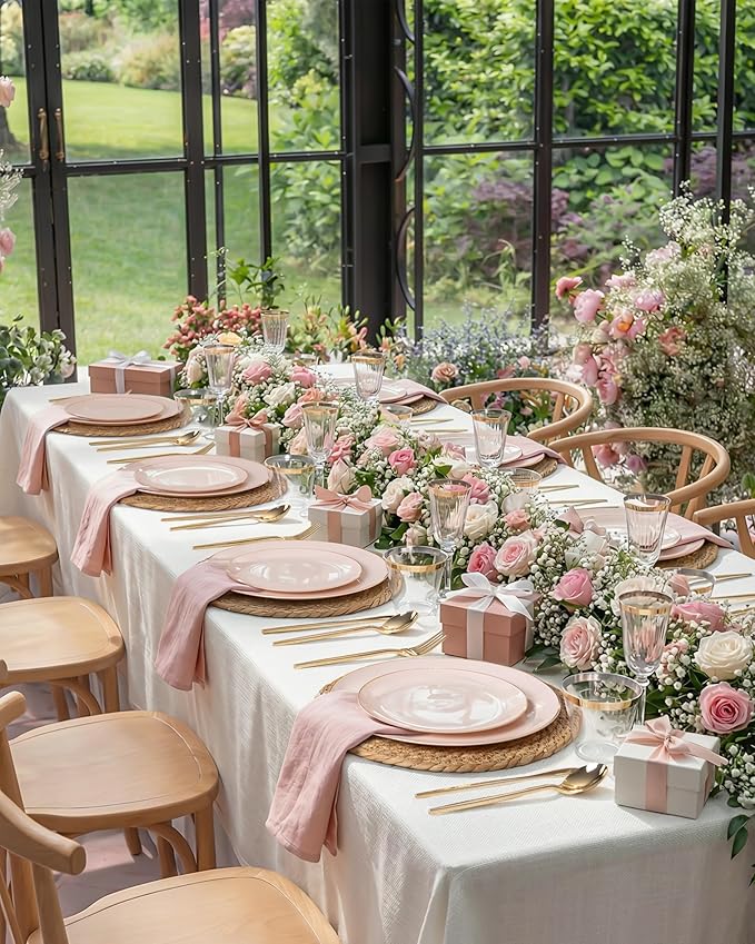 bUCLA 150PCS Pink Plastic Plates - Pink and Gold Disposable Include 25 Each (Dinner & Dessert) Plates, 25 Knives, 25 Forks, 25 Spoons and 25 Cups, Ideal for Party, Wedding & Mother's Day