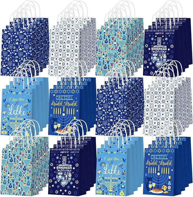 Outus 48 Pcs Hanukkah Party Favor Bags Chanukah Gift Goodie Paper Bags with Handles Jewish Menorah Blue Star of David Dreidel Candy Treat Pouch for Happy Hanukkah Party Decorations Supplies
