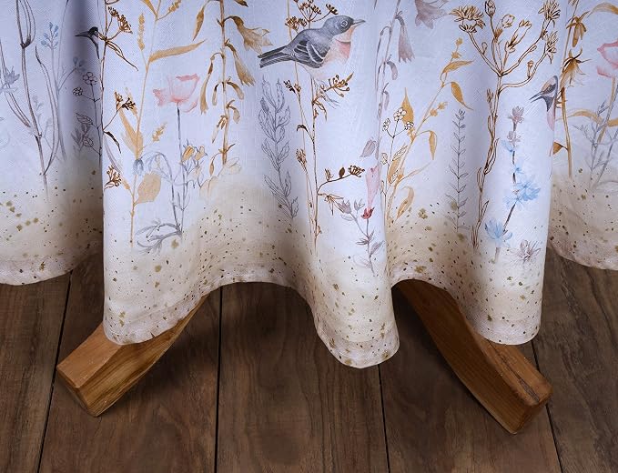 Maison d' Hermine Table Cloth Round Table 100% Cotton 69 Round Inches Tablecloth Reusable Decorative for Dining Kitchen Room Farmhouse Party Home Hotel Restaurant Spring Summer- Meadow Florals - Beige