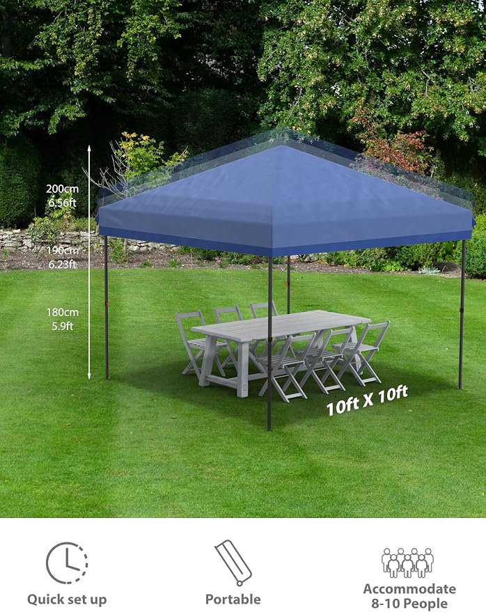 10x10 Pop Up Canopy with 3 Sidewalls - Outdoor Canopy Tent with Portable Roller Bag - One Button Push Setup, 3 Adjustable Height, 4 Weight Bags, 8 Stakes & 4 Guy Ropes Included, Blue