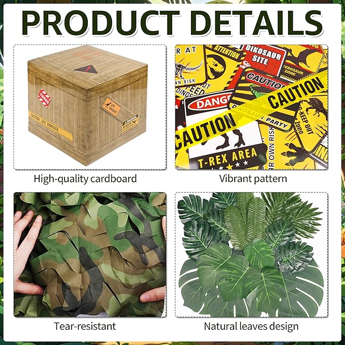 BORAMDO Jurassic Park Birthday Decorations, Dinosaur Centerpieces Party Supplies, Themed Boxes, Camo Netting, Paper Signs, Artificial Leaves, Yellow Caution Tapes
