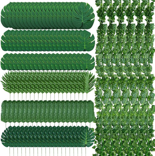 XunYee 168 Pcs Artificial Jungle Vines Tropical Leaf Garland and Monstera Palm Leaves Jungle Decoration Set, Fake Ivy Vines Green Greenery Faux Leaves for Baby Shower Safari Tropical Party Decoration