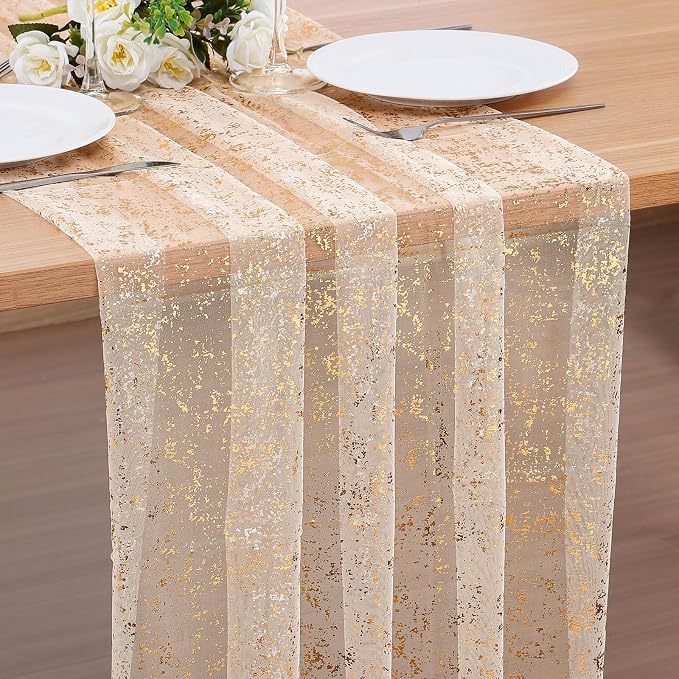 BINBE 6PCS Gold Table Runner 10Ft Gold Sheer Table Runner Chiffon Fabric Cheesecloth Sequin Glitter Table Runner for Wedding Birthday Bridal Shower Party Decor