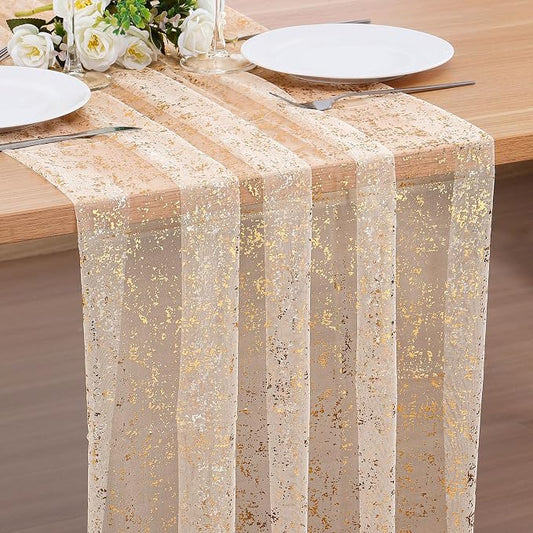 BINBE 1PCS Gold Table Runner 10Ft Gold Sheer Table Runner Chiffon Fabric Cheesecloth Sequin Glitter Table Runner for Wedding Birthday Bridal Shower Party Decor