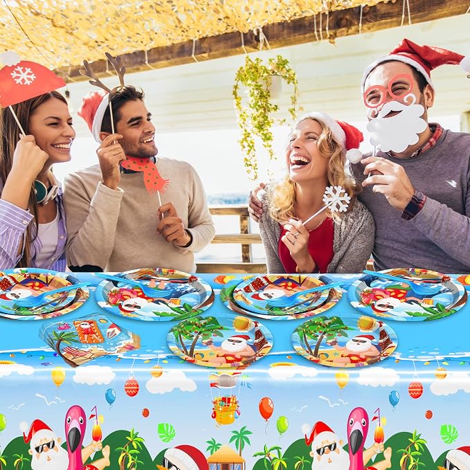 QZYL 122Pcs Summer Christmas Decorations, Tropical Beach Plates Party Supplies, Disposable Xmas in July Plates, Napkins, Cups, Forks and Tablecloth for Beach Pool Party, Serves 30 Guests