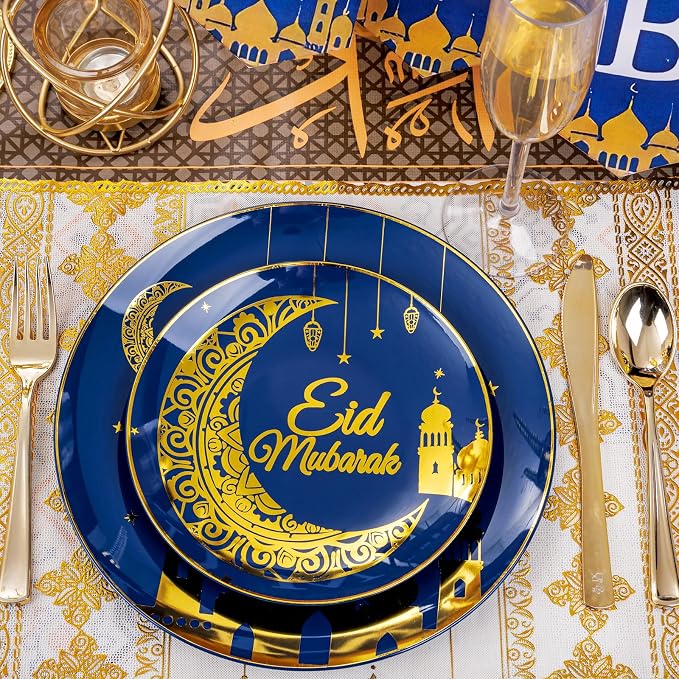 Nervure 125PCS Ramadan Plastic Plates - Eid Mubarak Plates - Blue Gold Plates Include 50 Plates 25 Spoons 25 Forks 25 Knives for Ramadan Mubarak Table Decorations Eid Al-fitr Party Favors