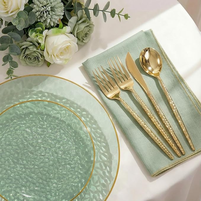 I00000 150Pcs Clear Green Plastic Plates with Gold Rim,Green Disposable Plates,Clear hammer patterned plates Set include 30 Dinner Plate,30 Dessert Plate,90 plastic Silverware Set for Party