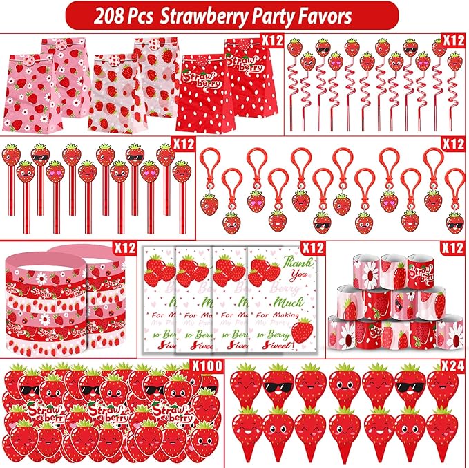 PLOUGVI 208PCS Strawberry Party Favors, Berry First Birthday Decor, Theme Decorations for Party Goodie Bag Stuffer Pinata Filler Gifts