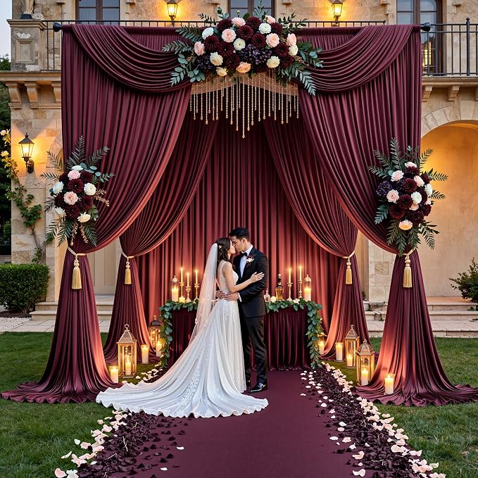 50ft x 15ft Burgundy Backdrop Curtains for Wedding Parties, 10 Panels Extra Long Wrinkle Free Fabric Drapes Photo Backdrop for Baby Shower Birthday Stage Reception Lobby Decoration