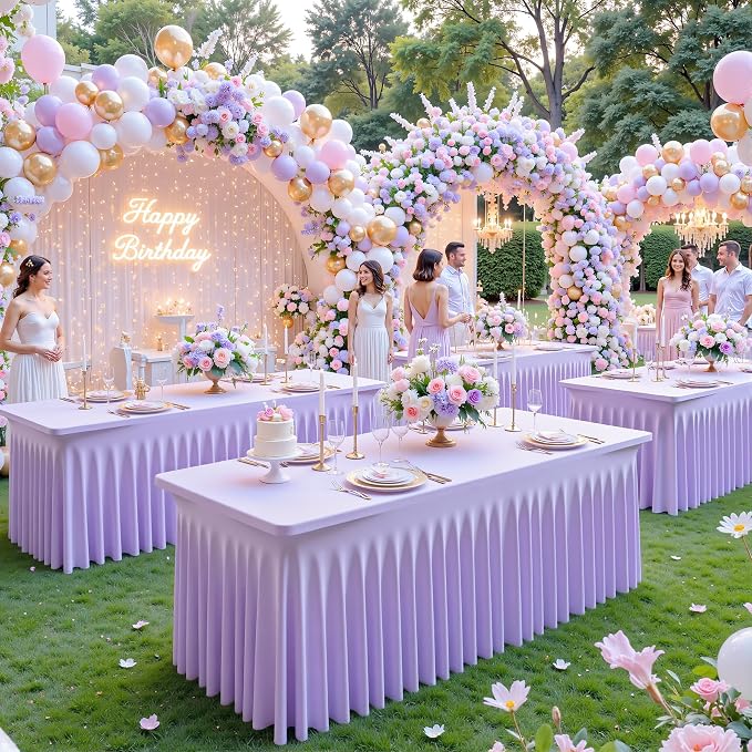 8ft Lavender Spandex Table Cloths for Rectangle Tables Wrinkle Free Lilac Light Purple Rectangle Tablecloths Stretch Fitted Table Cover with Skirt for Birthday Party Wedding Banquet Baby Shower Buffet