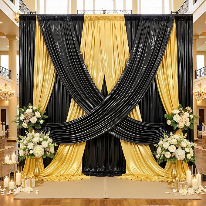 20ftx10ft Black and Gold Sequin Backdrop Curtain Panels for Parties, Wrinkle Free Glitter Photo Backdrop Drapes 4 Panels 5x10FT Shimmer Back Drop Cloth for Wedding Birthday Photography Background