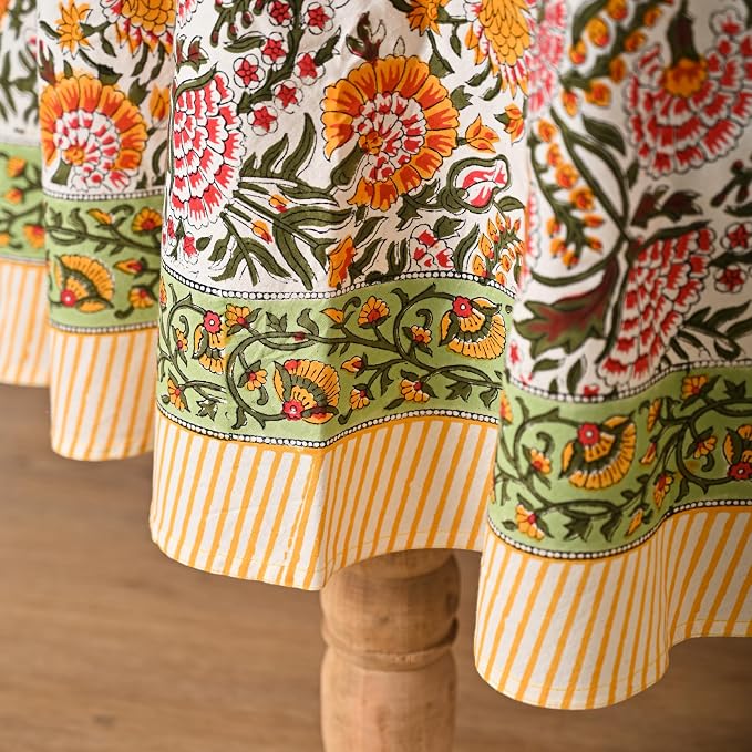Hand Block Printed Tablecloth – Colorful Floral Print | 100% Cotton | Indian Artisan Handmade Art | Dining Room, Kitchen, Outdoor Décor, (Yellow Sunflower, 6 Seater 72 Inches Round)