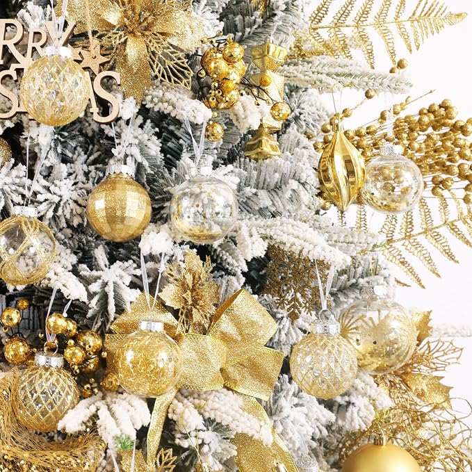CristBest 30ct Christmas Ball Ornaments-60mm/2.36" Shatterproof Clear Plastic Xmas Balls Baubles Set with Stuffed Delicate Sparkling, Hanging Christmas Tree Decorations(Gold)