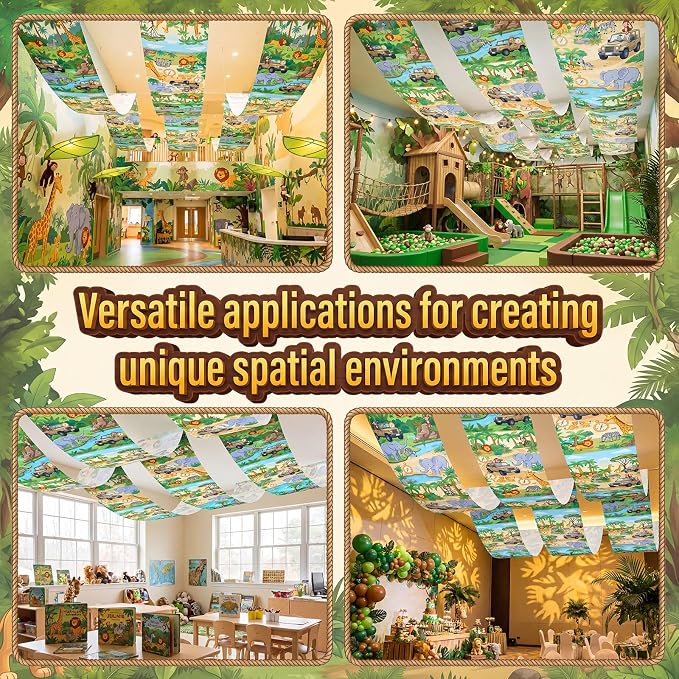 Gilprop 3 Pack Jungle Safari Ceiling Decorations for Classroom, 24" x 12 ft Rainforest Animal Hanging Banners, Safari Theme Decor for Kids Birthday Party Sunday School Classroom Transformation
