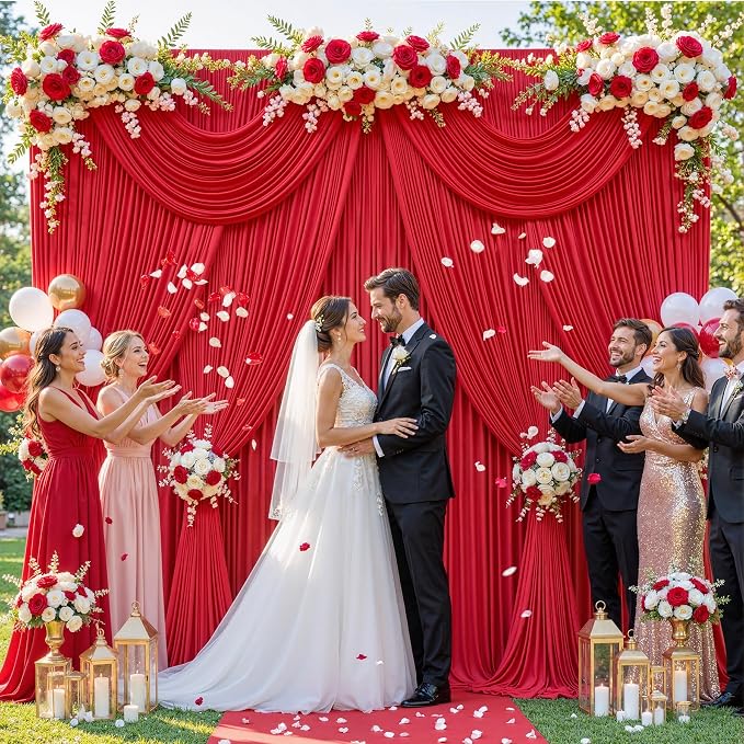20ftx12ft Wrinkle Free Red Backdrop Curtain, 4 Panels 12FT Long Wedding Photo Backdrop Drapes, Silky Polyester Back Drop Cloth for Birthday Photography Background Party Backdrop Draping