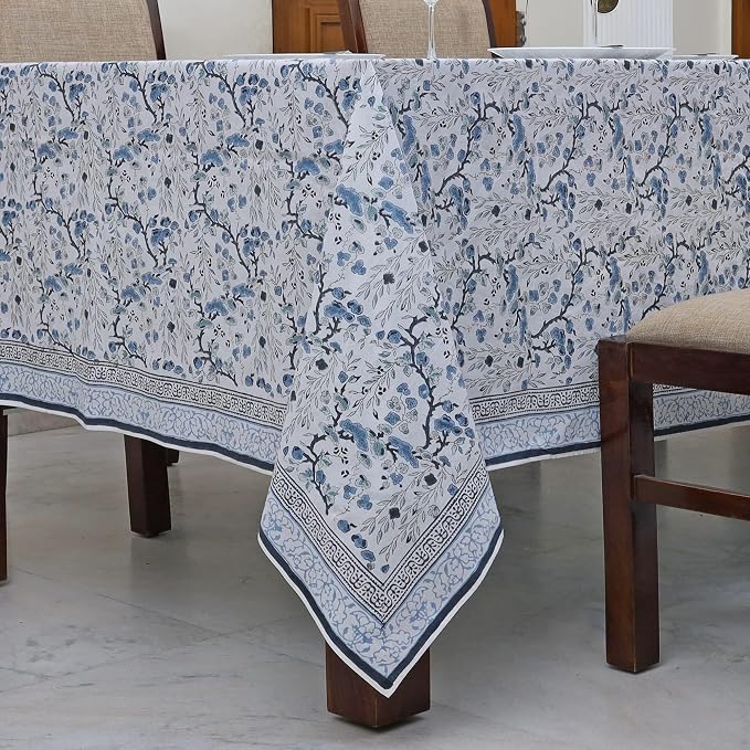 Ridhi Spruce Carolina Blue Hand Block Print Cotton Rectangle Tablecloth 90" x 60" inches Reusable Table Cover Decorative Everyday Use for Dining Room, Farmhouse, Home Gift for Spring, Mother's Day