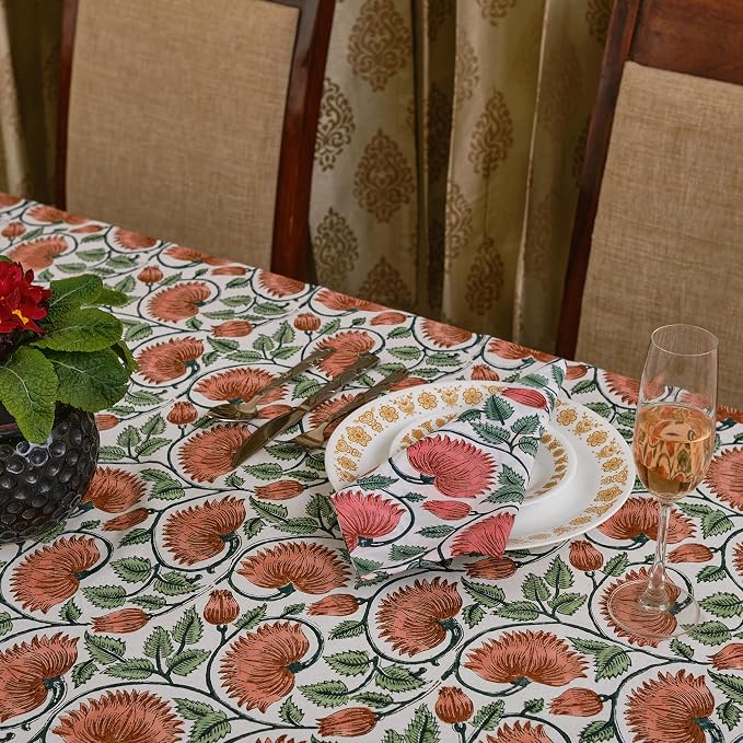 Ridhi Burnt Orange Hand Block Print Cotton Rectangle Tablecloth 120" x 80" inches Reusable Table Cover Decorative Everyday Use for Dining Room, Farmhouse, Home Gift for Spring, Mother's Day