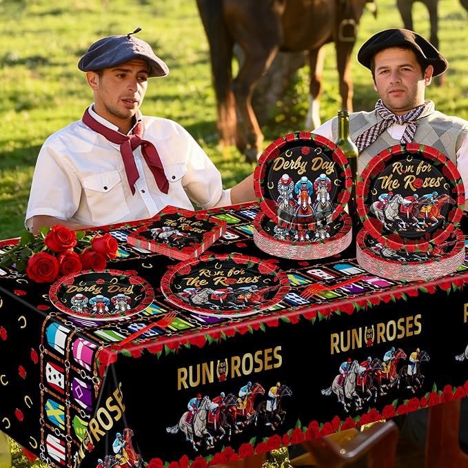 QZYL 122 PCS Derby Party Supplies, Disposable Derby Plates Tablecloths Forks Horse Napkins Set, Run for The Rose Kentucky Racing Horse Decorations for Party Tableware Supplies, Serves 30