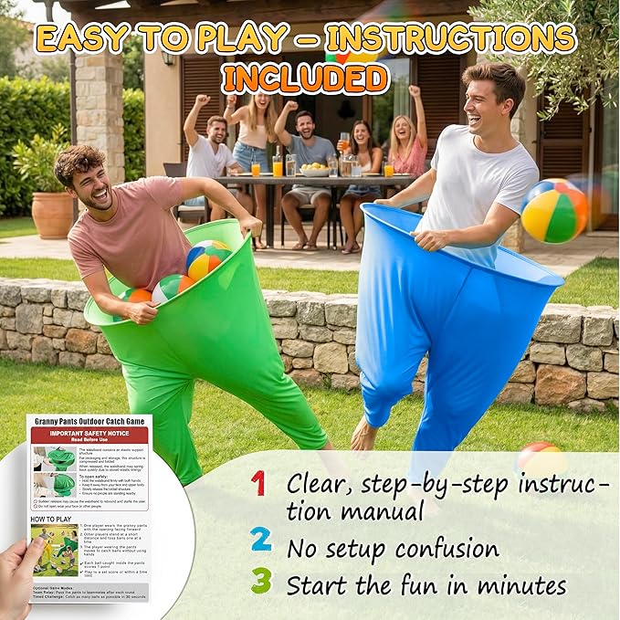 Granny Pants Yard Game for Adults and Kids, Big Pants Ball Catch Game with 2 Giant Pants, Balls, Pumps & Storage Bag, Outdoor Tossing Games for Birthday Party, Backyard Party, Family Reunion