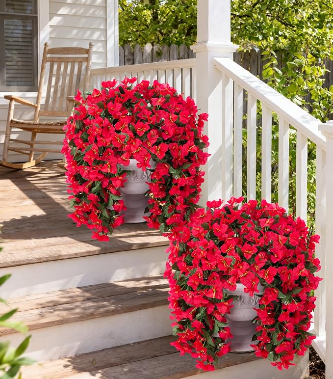 Faux Bougainvillea Artificial Flowers Plants for Outdoor Outside Decoration, 2 PCS Red Fake Flowers UV Resistant Look Real Silk Long Trailing Vines for Front Door Porch Planter Urn Patio Garden Yard