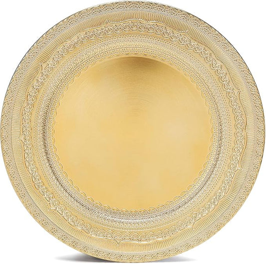 13 IN Gold Charger Plate Collection, 12-Piece Plastic Decorative Plates, Disposable Charger Plates Bulk for Anniversary Halloween Bachelor Party (Lace Gold, 12 PCS)