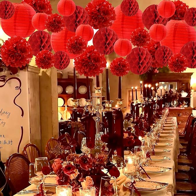 WOLHOWLTD Red Paper Decoration Set - 34 Pcs Paper Lanterns, Pompoms, Honeycomb for Wedding, Valentine's,School Day,Bridal Shower,Birthday Party,Home Garden Decoration(red)