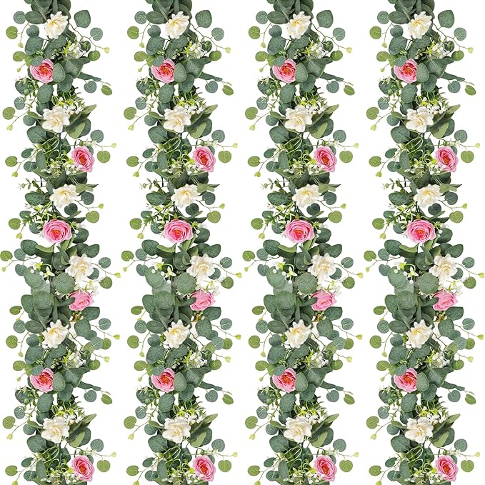 TOCHGREEN 4 Pack Artificial Eucalyptus Flower Garland with White Pink Roses, Fake Rose Flower Greenery Garland Floral Vines for Wedding Home Party Table Runner Decor (White Pink, 4PCS)