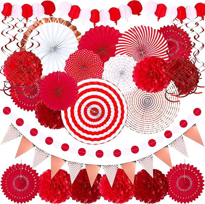 Moon Boat 35PCS Party Decorations Paper Fan Hanging Set - Birthday,Wedding,Baby Shower,Circus,Festival Decor (Red)