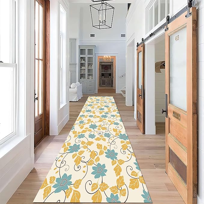 Flowers Hallway Runner Rug, 3.3x7ft, Tropical Leaf Throw Rug Runner for Entrance, Yellow Leaves and Blue Flowers Washable Non-Slip Rugs, Breathable Home Decor Floor Carpet for Runner Living Room